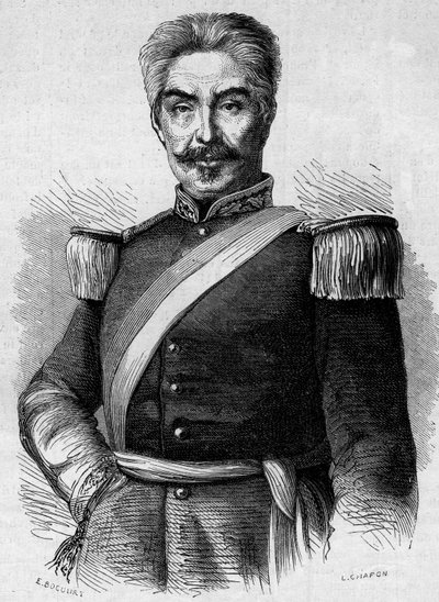 Portrét Dona Miguela San Romana (1803-1863), prezidenta Peru. Rytina v „“ Le Monde Illustré““ č. 320 z 30. května 1863. od French School