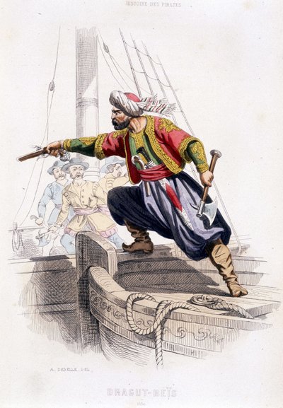 Portrét Draguta - Reïse, tureckého piráta 16. století - v „“Historie pirátů a korzárů oceánu a Středozemního moře”” od P. Christiana, Paris, D. Cavaillés ed., Tome 1 od French School