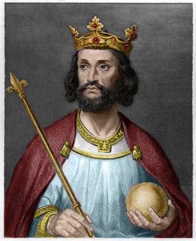 Portrét Eudes (Odona) (v. 860 - 898), hraběte z Paříže a Troyes, tehdejšího krále Francie - v „“ Histoire des Francais““ od Lavallee, rytina, sd. od French School