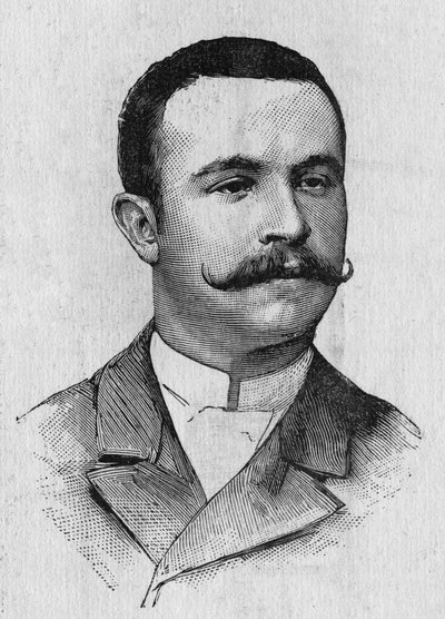 Portrét Francoise Lhosteho (1859-1887), francouzského aeronauta - v „“ Album de la Science; proslulí učenci; Velké objevy “”” 1896. od French School