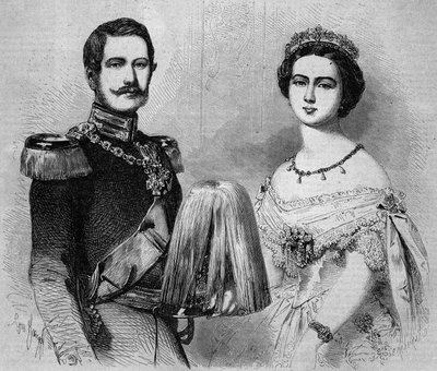 Portrét Fridricha Guilllauma Pruského (1831-1888, budoucího Fridricha III., pruského krále a německého císaře) a jeho snoubenky, anglické princezny Viktorie (1840-1901). Rytina v „“ Le Monde Illustré““ č. 41 z 23. ledna 1858. od French School