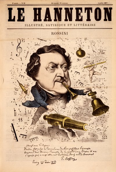 Portrét Gioacchina Rossiniho (1792-1868) - v "" Le Hanneton "" ze 4.7.1867 od French School