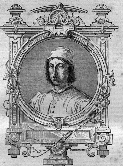 Portrét Herimara, opata Saint Denis z Remeše (zemřel 1070). Rytina do „Historie papežů-králů-královen-a-císařů v průběhu staletí““ od Maurice Lachatre od French School