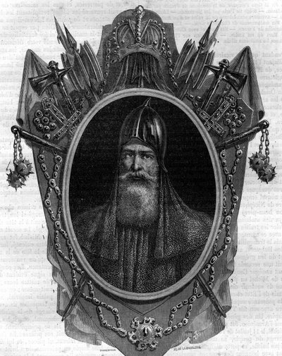Portrét Igora vévody z Ruska, varegue prince, panovníka „Rus“ v Kyjevě v letech 912 až 945. Rytina v „Histoire des Papes-Rois-Queen and Empereurs a travers les století“ od Maurice Lachatre od French School