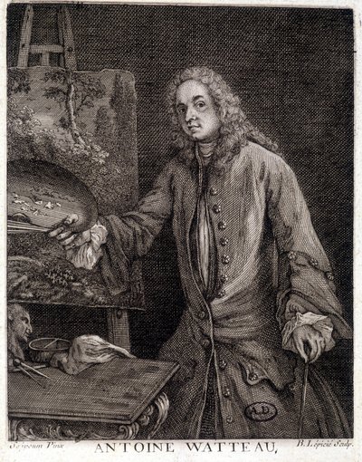 Portrét Jeana Antoina Watteaua (1684-1721), francouzského malíře - rytina od French School