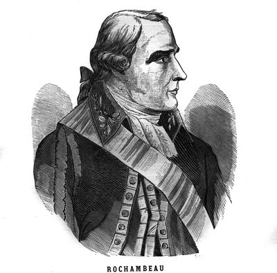 Portrét Jean Baptiste Donatien de Vimeur, hrabě z Rochambeau (1725-1807), maršál Francie. Rytina v „Les Illustrations De L