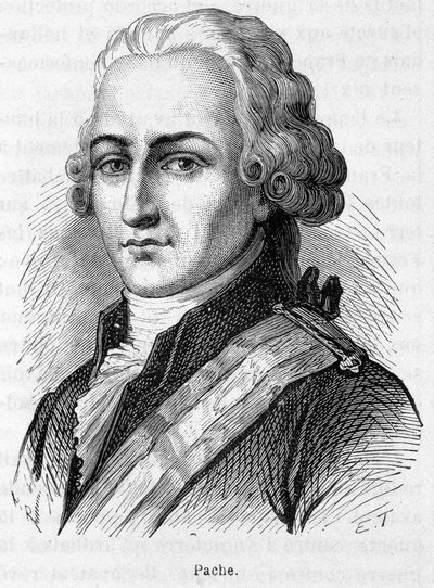 Portrét Jeana Nicolase Pache (1746-1823), francouzského politika, který vyryl na veřejné památky motto Francouzské republiky: „Liberté, Egalité Fraternité““ - rytina od French School