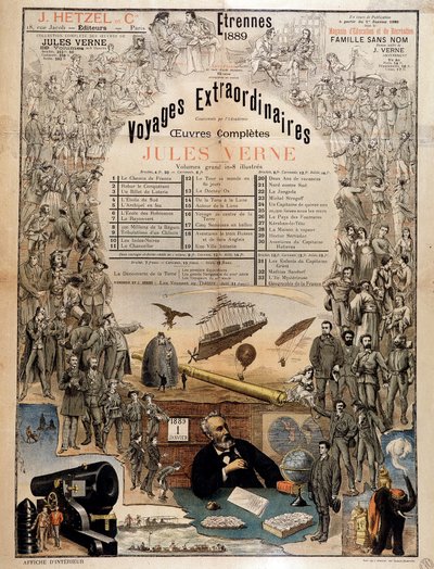 Portrét Julese Verna a výjevy z jeho děl - Reklamní plakát na jeho kompletní dílo od French School