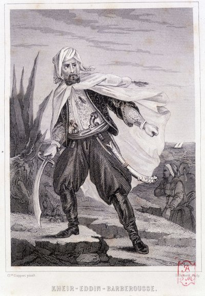 Portrét Kheira - Eddina - Barberousse, tureckého piráta 16. století - v „“Historie pirátů a lupičů oceánu a Středozemního moře““ od P. Christiana, Paris, D. Cavaillés ed., Volume 1 od French School