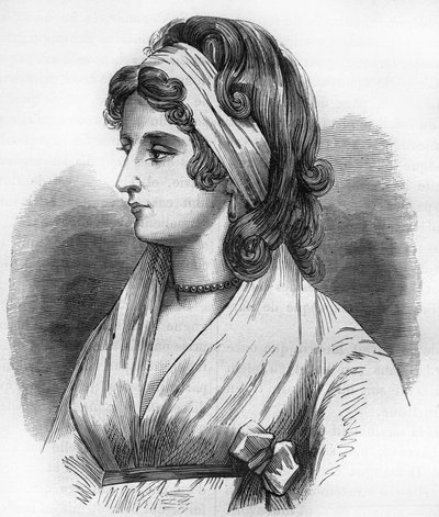Portrét Lady Hamilton (Emma Lyons) (1765-1815), milenka Horatio Nelson dit admirál Nelson (1758-1805). Rytina do „Historie prostituce a zhýralosti mezi všemi národy světa od starověku po současnost“ od Dr. Th. -F. Debray od French School