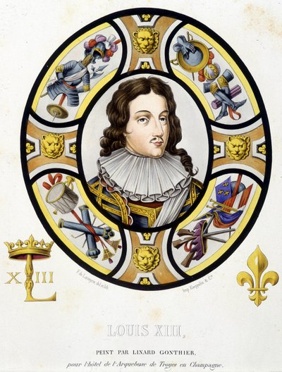 Portrét francouzského krále Ludvíka XIII. (1601-1643). Faksimile vitráže ze středověku v „Histoire de la peinture sur verre““ od Ferdinanda de Lasteyrie od French School
