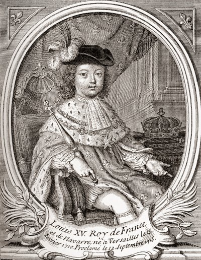 Portrét Ludvíka XV. jako dítě, 1710 1774. Bourbonský panovník, který vládl jako král Francie a Navarry. Z Les Heures Libres vydané v roce 1908. od French School