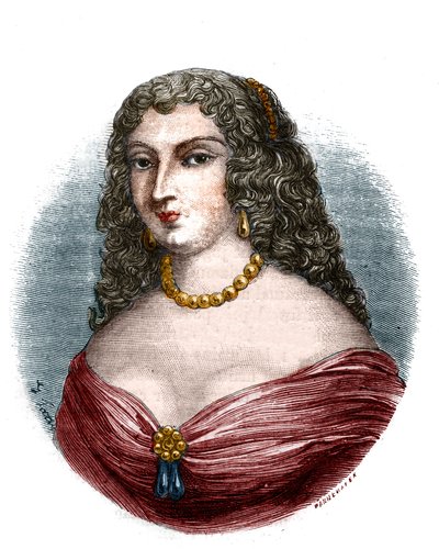 Portrét mademoiselle de la Fayette (Louise de La Fayette 1618-1665), milenka v titulu, ale bez funkcí krále Ludvíka XIII. viděla impotenci otce““ Rytina v „Histoire des Papes-kings-queens-et-empereurs a travers les století“““ od Mau od French School
