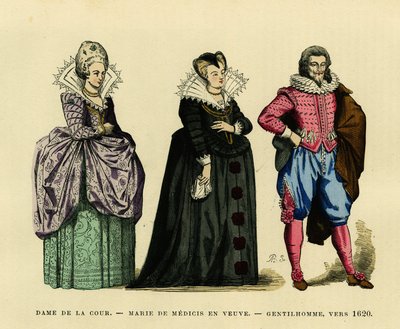 Portrét Marie de Medicis (1573-1642), královny Francie, ve vdovském hábitu, obklopená dvorní dámou a gentlemanem, kolem roku 1620. Barevná rytina, ve „France et les francais a travers les siecles“ od Augustin Challamel, redaktor F.Roy, Paris 18 od French School