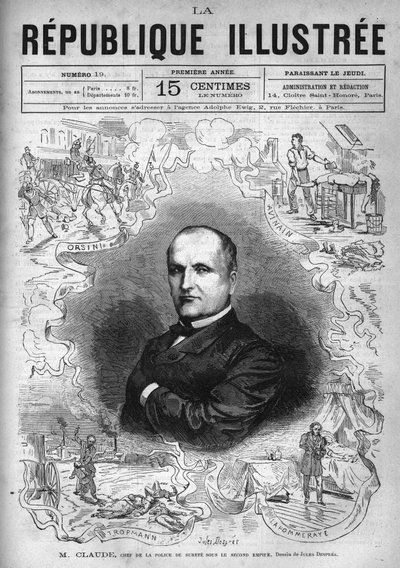 Portrét monsieur Claude (Antoine Francois Claude dit) (1807-1880), francouzský policista a spisovatel, šéf bezpečnostní policie za Druhého císařství. Noviny. Rytina z roku 1880 v soukromé sbírce „La republique illustree“. od French School