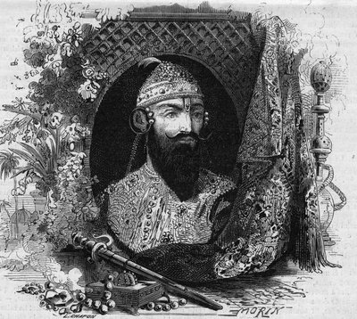 Portrét Nany Saheb (Nana Sahib) (vlastním jménem Dhundu Pant) (asi 1820-?), vedoucí protikoloniálního povstání Cipayas v Indii. Rytina v „“ Le Monde Illustré““ č. 331 z 15. srpna 1863. od French School