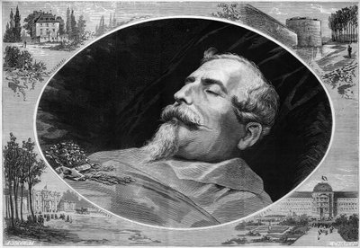 Portrét Napoleona III (1808-1873), na smrtelné posteli. Rytina v „“ Le Monde Illustré““ č. 824 z 25. ledna od French School
