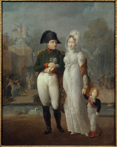 Portrét Napoleona I. (1769-1821) a Marie Louise se svým synem, římským králem Napoleonem II., vévodou z Reichstadtu na anonymním obraze Tuilerijské zahrady. Soukromá sbírka 19. století - Portrét Napoleona I. (1769-1821) a Marie Louise s jejich tzv. od French School