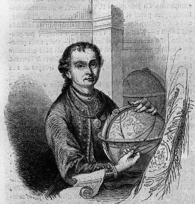 Portrét Pierra (Petera) Anicha (1723-1766), tyrolského astronoma a kartografa, držícího v ruce glóbus a kompas. Gravírování v „“Le Magasin malebné““ od French School
