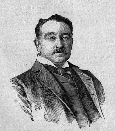 Portrét sira Cecila Rhodese (1853-1902), anglického guvernéra kolonie Kapské Město v Jižní Africe (Transvaal). Rytina v „La gazette du dimanche““ z 16. ledna od French School