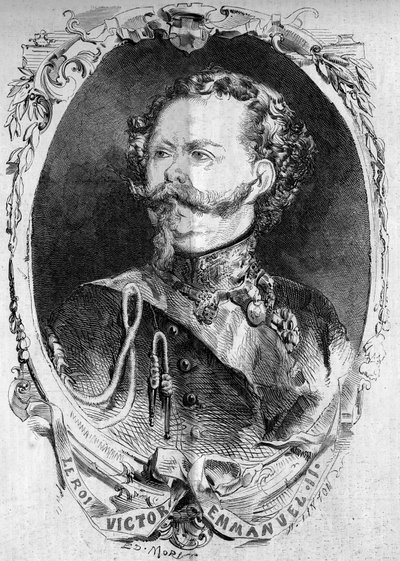 Portrét Victor Emmanuel II (Vittorio Emanuele) (Victor-Emmanuel) (1820-1878), král Sardinie a budoucí král Itálie. Rytina v „“ Le Monde Illustré““ č. 95 z 5. února 1859. od French School