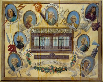 Portrét historických osobností a pohled na pařížskou kavárnu Le Procope: Jean Jacques Rousseau, Voltaire, Jean D