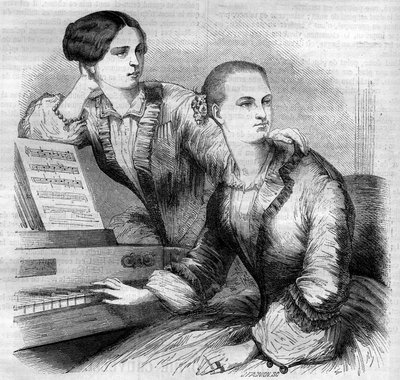 Portrét sester Cruvelliových, německých tanečnic. Sophie Cruvelli (Johanna Sofia Charlotte Cruwell, dit) (1826-1907) a Marie Cruvelli (Friederike Marie Cruwell, dit) (1824-1868). Rytina z roku 1852. od French School