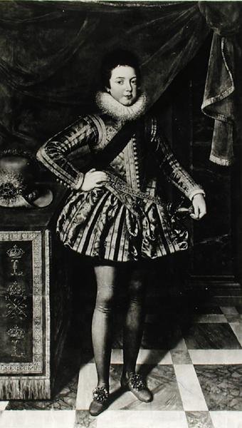 Portrét nemluvně Ludvíka XIII. (1601-43) krále Francie a Navarry, kolem 1611 (olej na plátně) (č/b foto) od French School