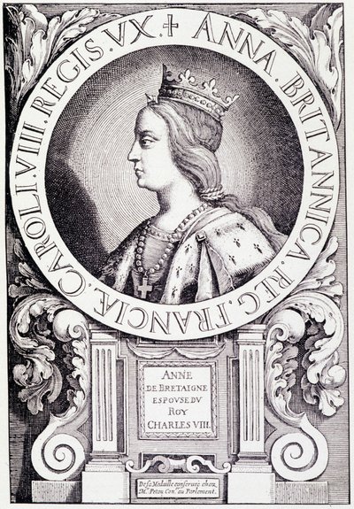 Portrét francouzské královny Anny Bretaňské (1477-1514). Rytina z „Louis XII et Anne de Bretagne“ od Paula Lacroixe, ed. Georges Hurtrel od French School