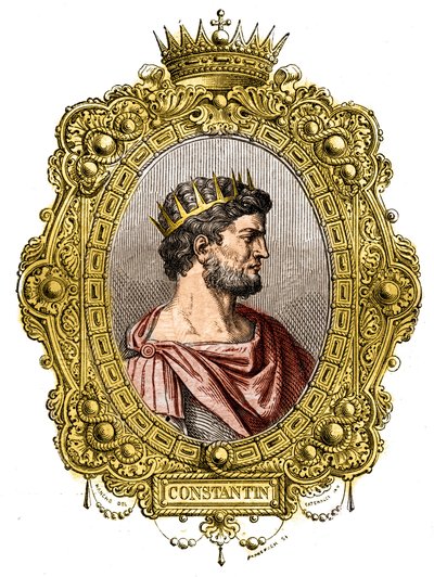 Portrét římského císaře Konstantina I. Velikého (274-337). Rytina do „Historie papežů-králů-královen-a-císařů v průběhu staletí““ od Maurice Lachatre od French School