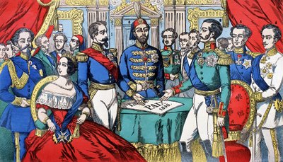 Portrét suverénů Evropy během mírové smlouvy v roce 1856: zleva doprava, Viktor Emmanuel II (Victor Emmanuel) (Vittorio Emanuele), král Sardinie, Viktorie, královna Anglie, Napoleon III, turecký císař, Alexander II, král Ruska, F od French School