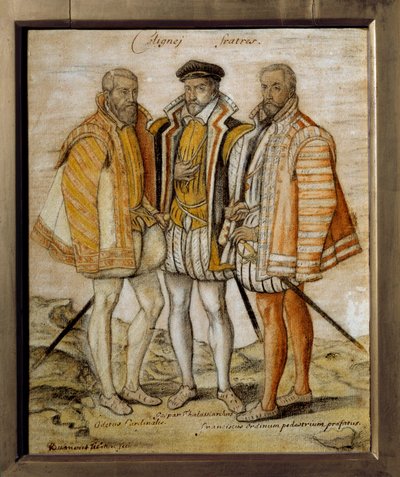 Portrét tří bratrů Coligny (Odet (1517-1571), Gaspard (1519-1572) a Francois). Anonymní kresba. Sun 0,26x0,21m Chantilly, musee Conde od French School