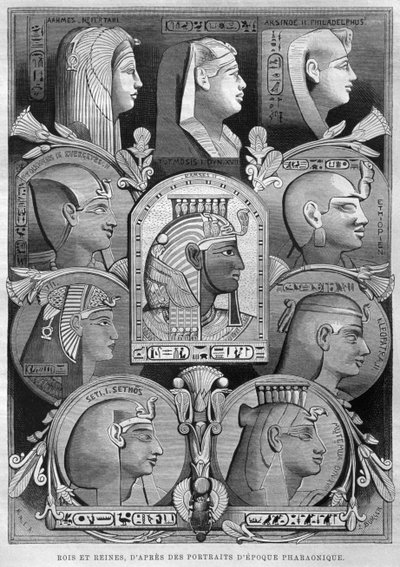 Portréty starověkých egyptských královen a králů, z LEgypte Georga Moritze Eberse (1837-98), 1881 (č. rytina) od French School
