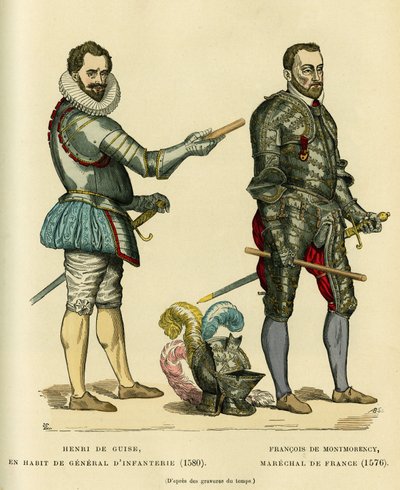 Portréty Henriho I. de Guise, známého jako Balafre (1549-1588) v kabátě generála pěchoty v roce 1580 a Francoise de Montmorency (1530-1579), marechala z Francie kolem roku 1576. Barevná rytina, v „France et les francais a travers les siecles““ od Augu od French School
