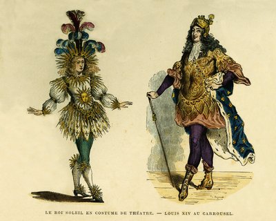 Portréty krále Ludvíka XIV. (1638-1715), v divadelním kostýmu a na kolotoči. Barevná rytina, v „France et les francais a travers les století““ od Augustina Challamela, editora F. Roye, Paříž 1882. Selva Collection. od French School