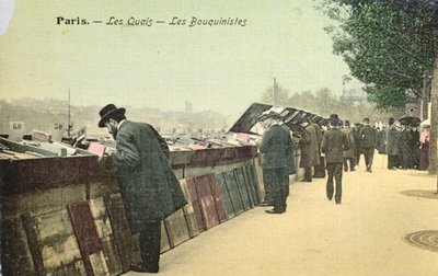 Pohlednice zobrazující Bouquinistes podél levého břehu Seiny, Paříž, před rokem 1914 (barevné fotografie) od French School