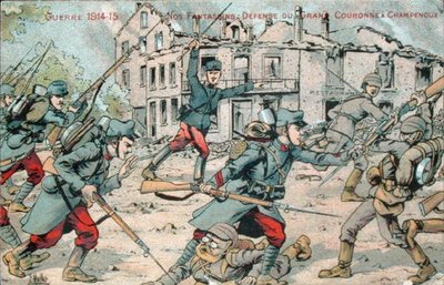 Pohlednice zobrazující francouzskou pěchotu bránící Champenoux od French School