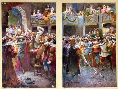 Pohlednice zobrazující Cyrano de Bergerac a Duel v Hotel de Bourgogne, kolem roku 1900 od French School
