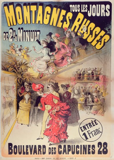 Plakát propagující horskou dráhu Montagnes Russes na Boulevard des Capucines, Paříž, 1888 od French School