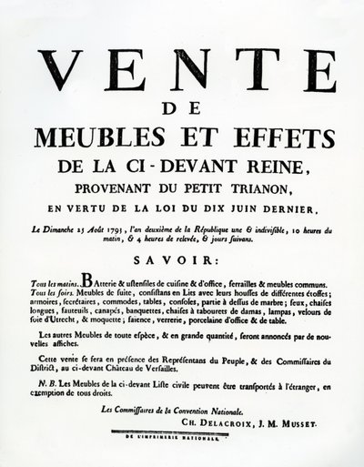 Plakát inzerující prodej nábytku a efektů Marie-Antoinetty 25. srpna od French School