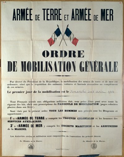 Plakát oznamující všeobecnou mobilizaci ve Francii, 2. srpna 1914 od ministra de la Guerre et de la Marine od French School