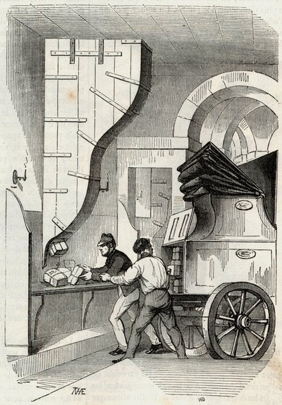 Sloupky: nakládání sloupku kufru - Rytina v „Tableau-de-Paris“ od Edmonda Texiera 1852 od French School