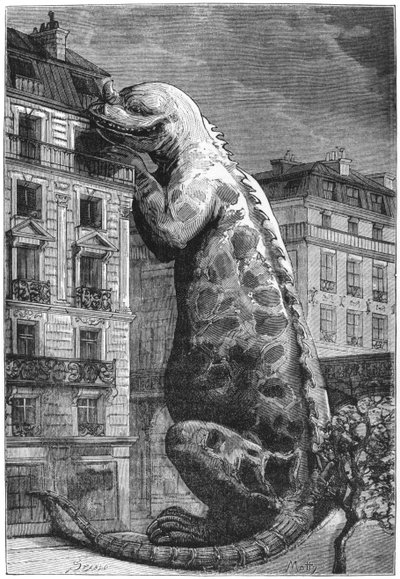 Prehistorické monstrum v moderním městě, vyryto Mottym (19. století), ilustrace z Le Monde Avant la Creation de l