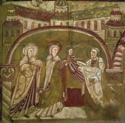 Představení Ježíše v chrámu. Freska kostela Vic sur Cere (Cantal). 12. století. Paříž, Muzeum památek anglicky od French School