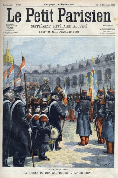 Předání vlajky pluku Číny generálem Faure Biguetem (Faure-Biguet) guvernérovi generála Arnouxe na Invalidovně v Paříži, v „Le petit Parisien““ 1901 (rytina) od French School