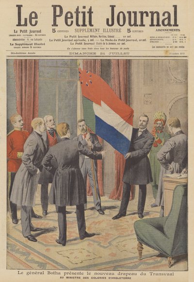 Premiér Louis Botha představuje novou vlajku kolonie Transvaal britskému koloniálnímu... (barva litho) od French School
