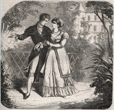 Princezna z Walesu Carolina of Brunswick (1768-1821) na procházce se svým milencem Bartolomeem Bergamim. Rytina z roku 1871 v „Histoire Des Cocus Celebres““ od Henryho de Kocka (1819-1892). od French School