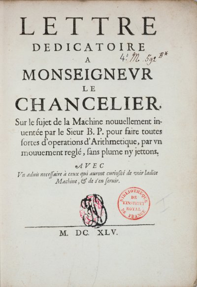 Tištěný dedikační dopis o vynálezu počítacího stroje od Blaise Pascala (1623-62) 1645 od French School