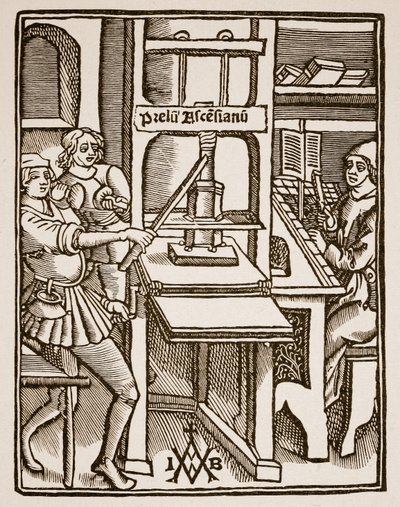 Tiskárna, titulní list knihy Hegesippus, vytiskl Jodocus Badius Ascensius, Paříž, 1511 (sépiová fotografie) od French School