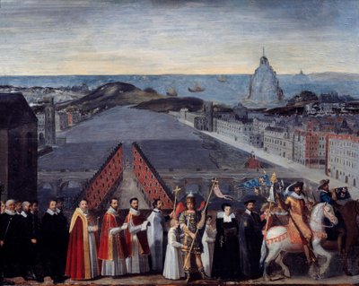 Průvod pařížského jamu poutníků Saint Michel du Mont na anonymním obraze Pont Neuf. 17. století. Rozměr 0,80 x 1,05 m Paříž, Carnavalet Museum od French School